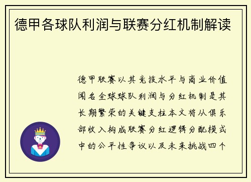 德甲各球队利润与联赛分红机制解读